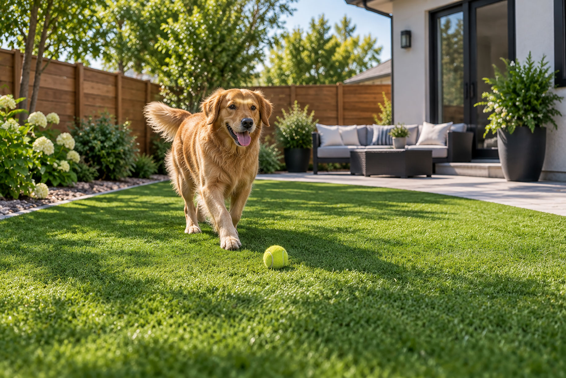 Golden retriever walking across clean green artificial turf in a landscaped backyard with a patio, fencing, and outdoor seating.