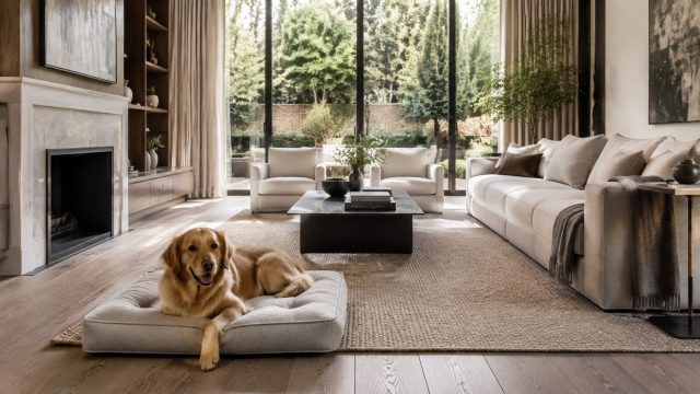 Golden retriever resting on a cushioned bed in a sunlit luxury living room with a natural-fiber rug and landscaped garden view.