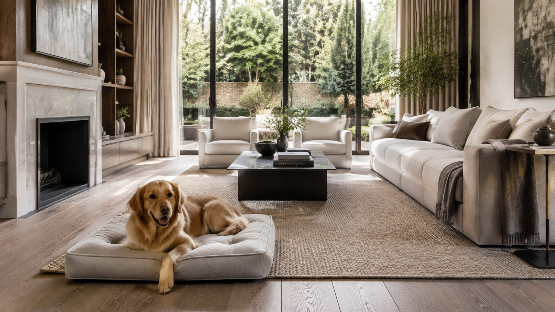 Golden retriever resting on a cushioned bed in a sunlit luxury living room with a natural-fiber rug and landscaped garden view.