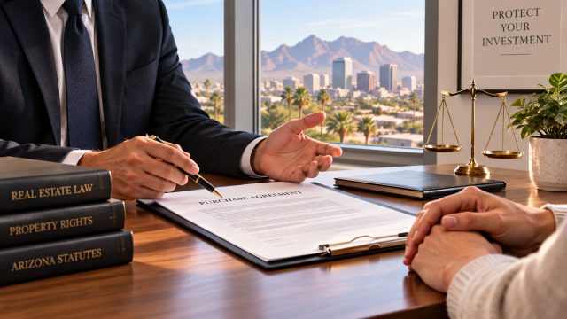 A real estate lawyer discusses a purchase agreement with a buyer at a desk, with Arizona law books, scales of justice, and the Phoenix skyline in the background.