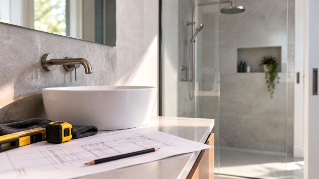 Bathroom renovation plans, tape measure, spirit level, and pencil beside a vessel sink and glass-enclosed shower.