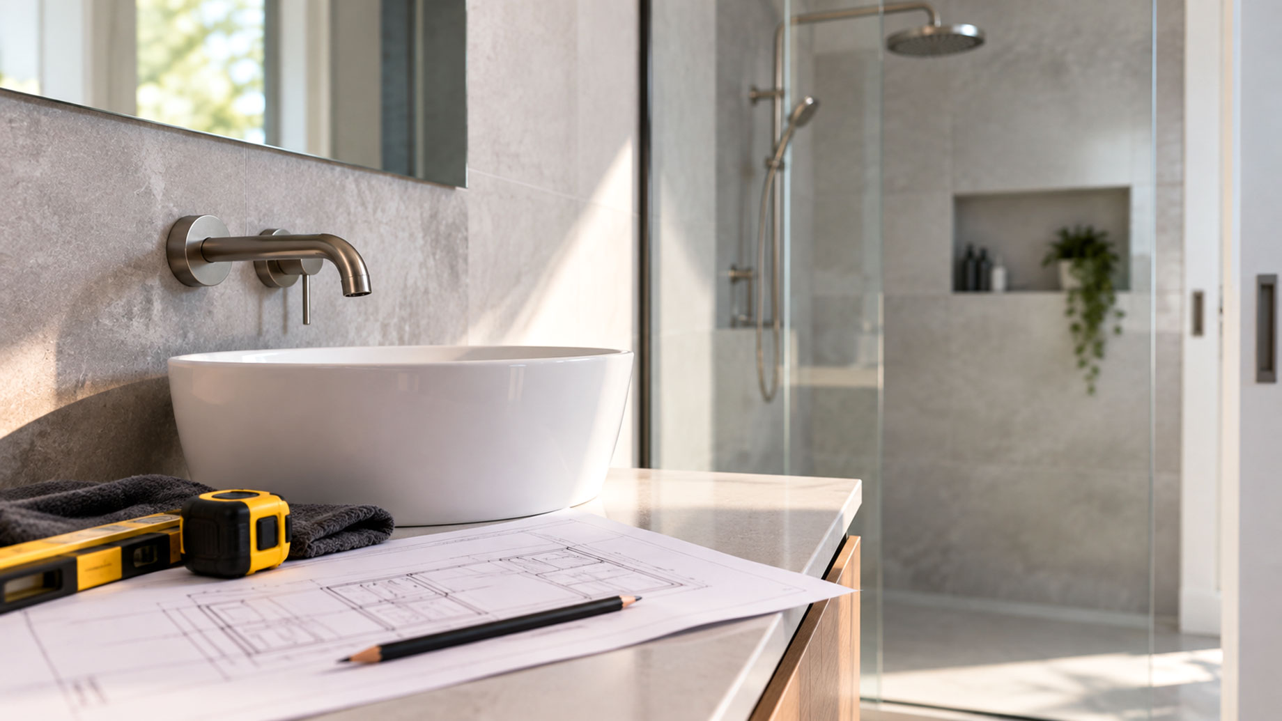Bathroom renovation plans, tape measure, spirit level, and pencil beside a vessel sink and glass-enclosed shower.