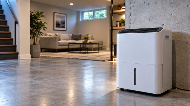 White dehumidifier beside a concrete wall in a finished basement with polished flooring and a neutral-toned seating area.