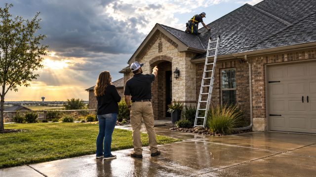 A homeowner and roofing professional stand on a wet driveway while a technician inspects the roof under dramatic storm clouds.