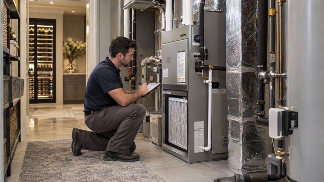 Technician kneeling beside an HVAC unit, taking notes on a clipboard near a pleated air filter and insulated ductwork.