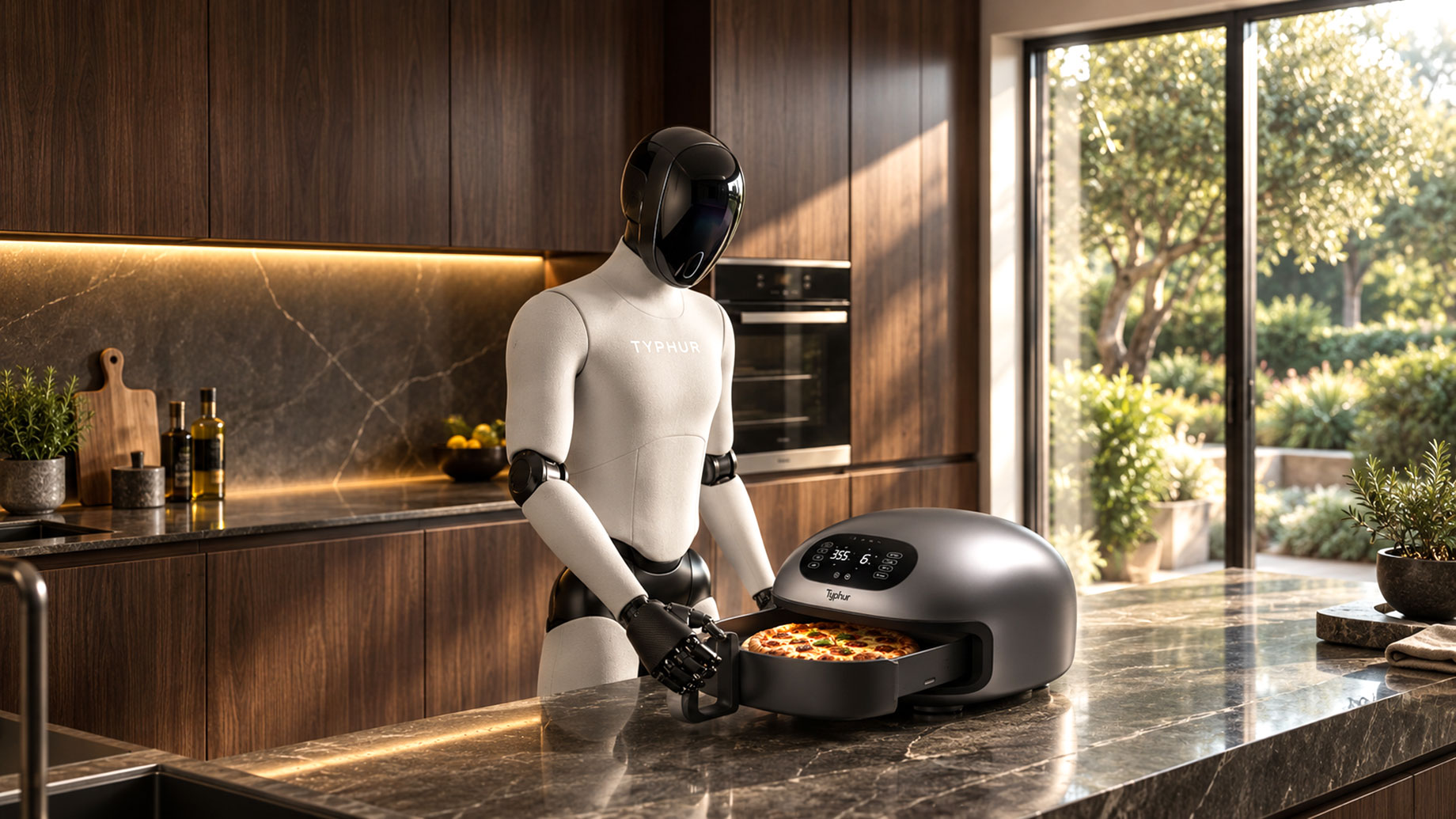 Humanoid robot opening a Typhur countertop cooker with pizza on a stone island in a luxury kitchen with dark walnut cabinetry.