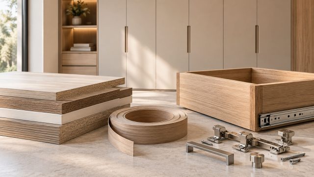 Precision-cut furniture panels, woodgrain edge banding, drawer box, hinges, handles, and cabinet hardware displayed in a modern fitted interior.