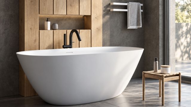 Matte white freestanding bathtub with a black tap, oak cabinetry, stone-look walls, grey flooring, and natural light in a modern bathroom.