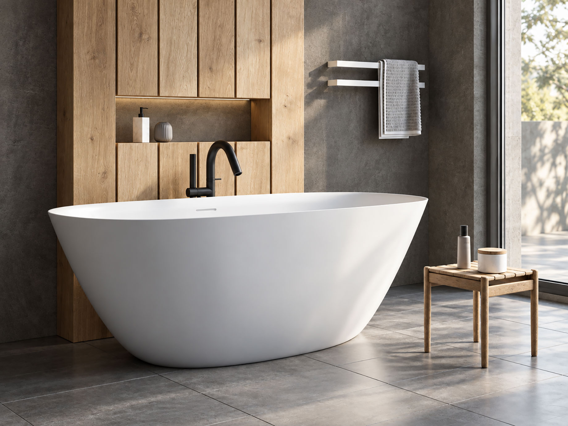Matte white freestanding bathtub with a black tap, oak cabinetry, stone-look walls, grey flooring, and natural light in a modern bathroom.