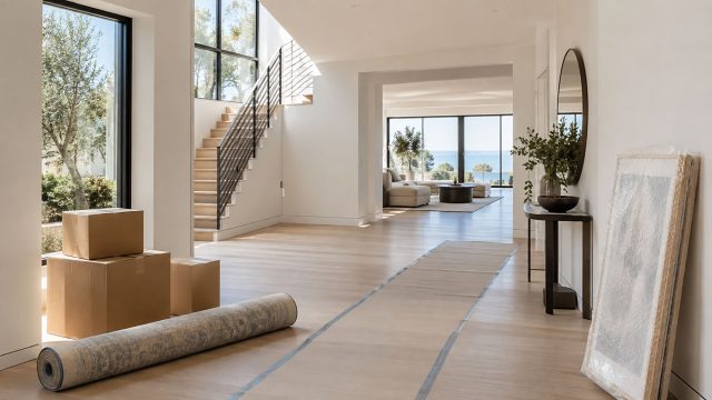 Moving boxes, a rolled rug, protected artwork, and floor coverings arranged inside a newly finished contemporary luxury home.
