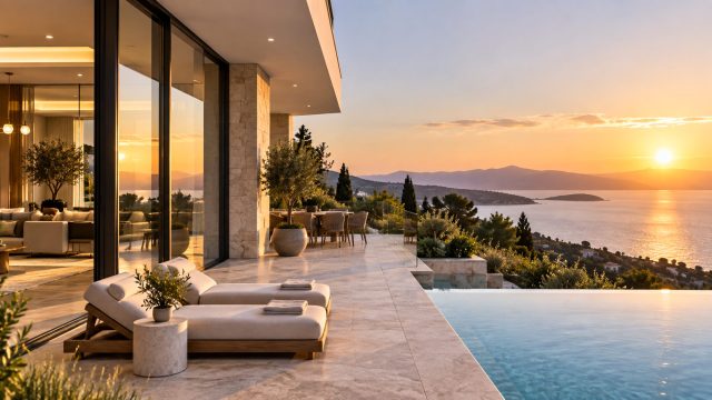 Modern luxury villa with floor-to-ceiling glass, a stone terrace, an infinity pool, and a coastal sunset view.