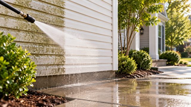 Pressure washer spraying white siding beside a green-stained section, with water running onto a concrete walkway bordered by shrubs.