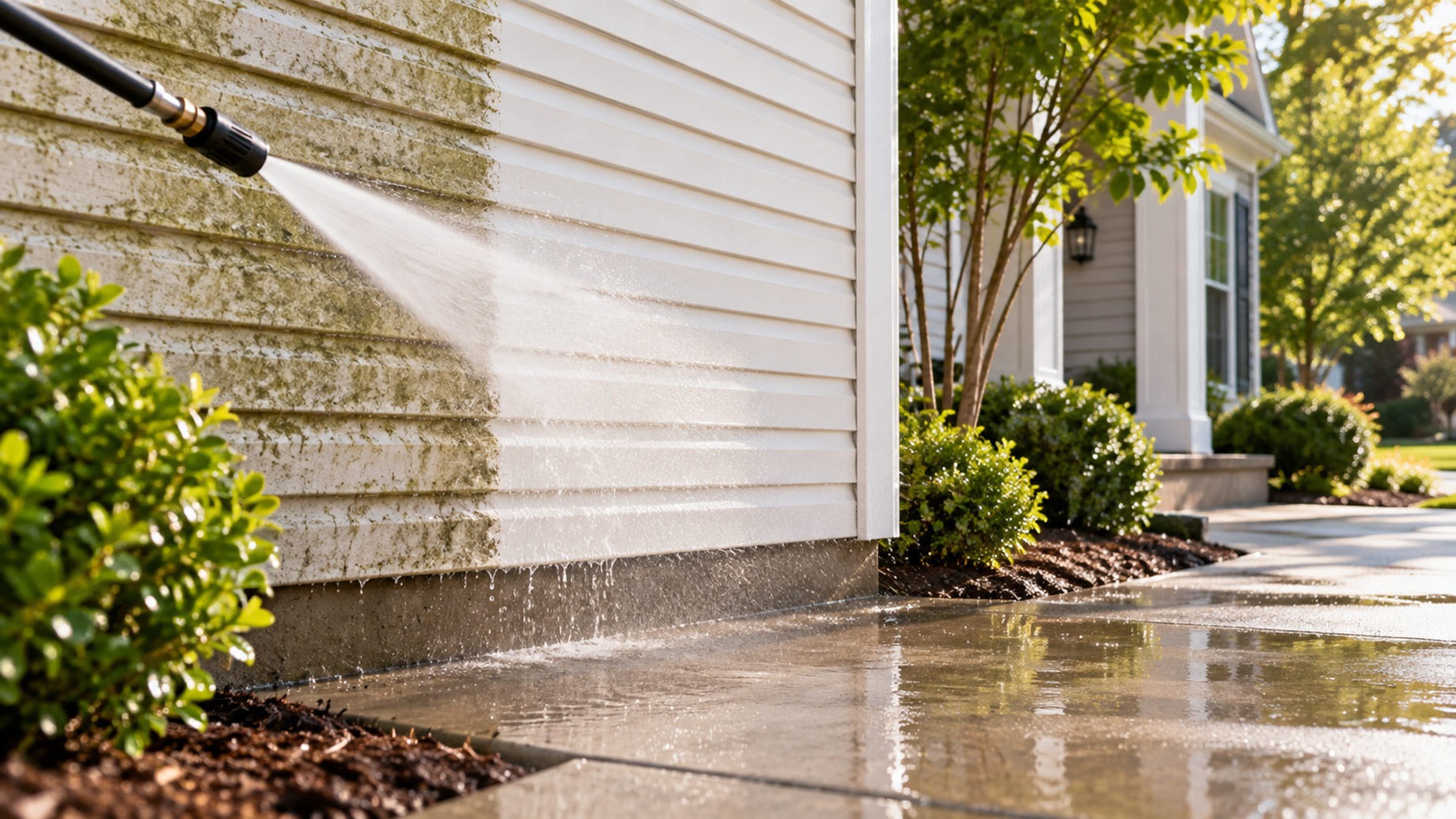 Pressure washer spraying white siding beside a green-stained section, with water running onto a concrete walkway bordered by shrubs.