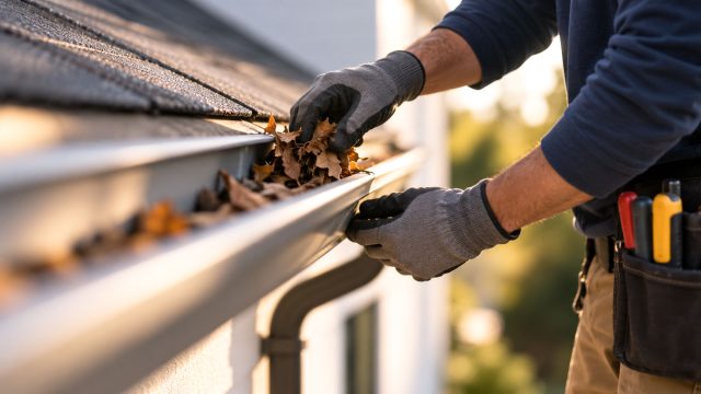 Gloved contractor clearing dry leaves from a residential roof gutter during scheduled property maintenance.