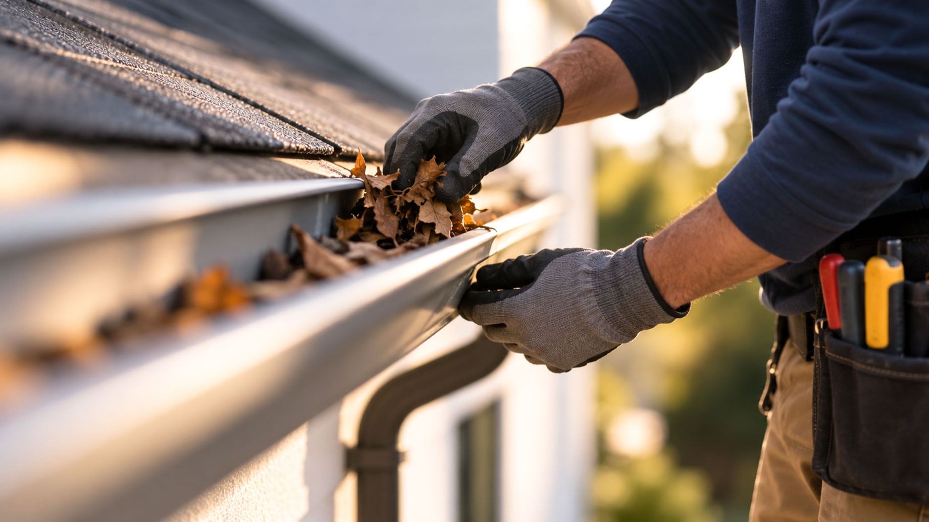 Gloved contractor clearing dry leaves from a residential roof gutter during scheduled property maintenance.
