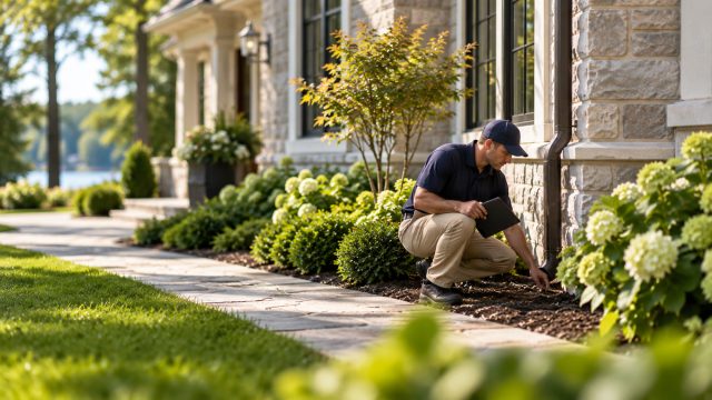 Technician inspecting a mulched planting bed beside a stone home and downspout, with flowering shrubs and a paved garden path nearby.