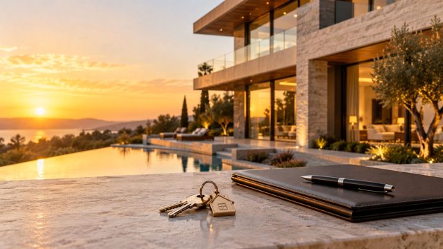 House keys in the foreground with an upscale home softly blurred behind them at sunset, representing fast real estate financing.