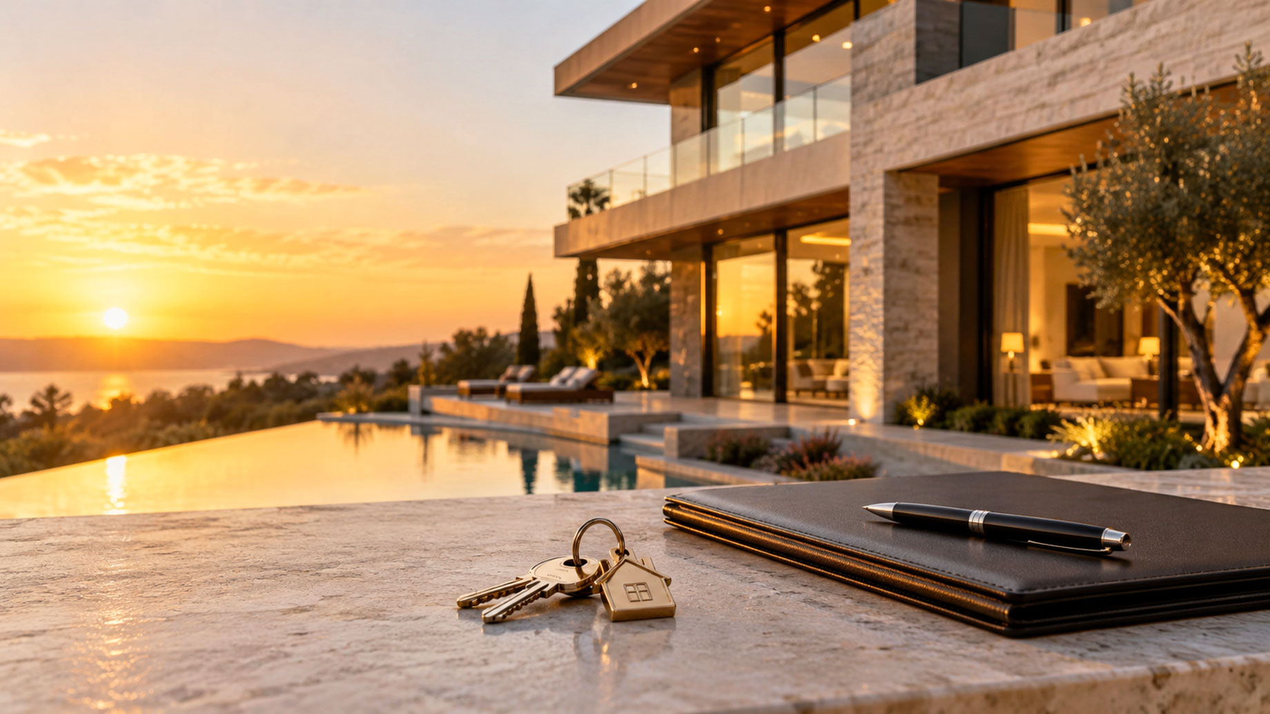 House keys in the foreground with an upscale home softly blurred behind them at sunset, representing fast real estate financing.