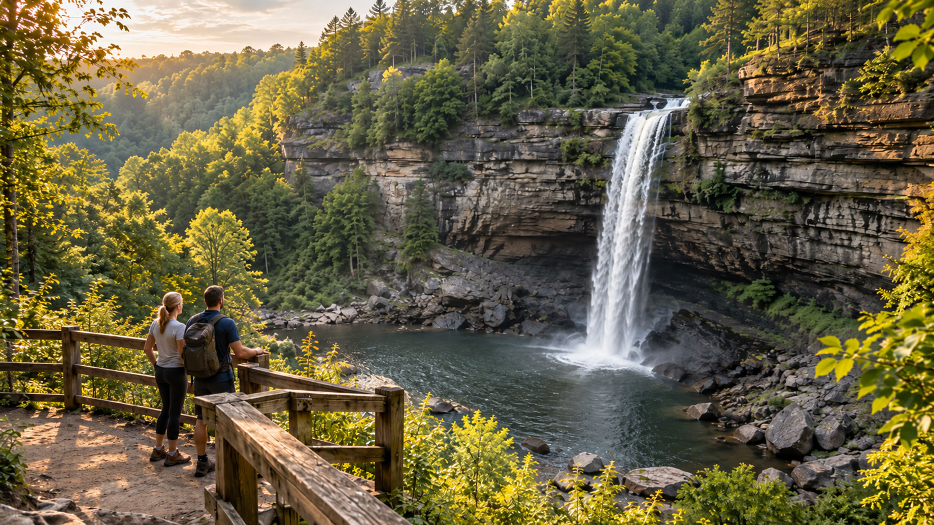 Two hikers stand at a wooden overlook facing a large waterfall cascading into a forested Tennessee gorge in warm golden-hour light.