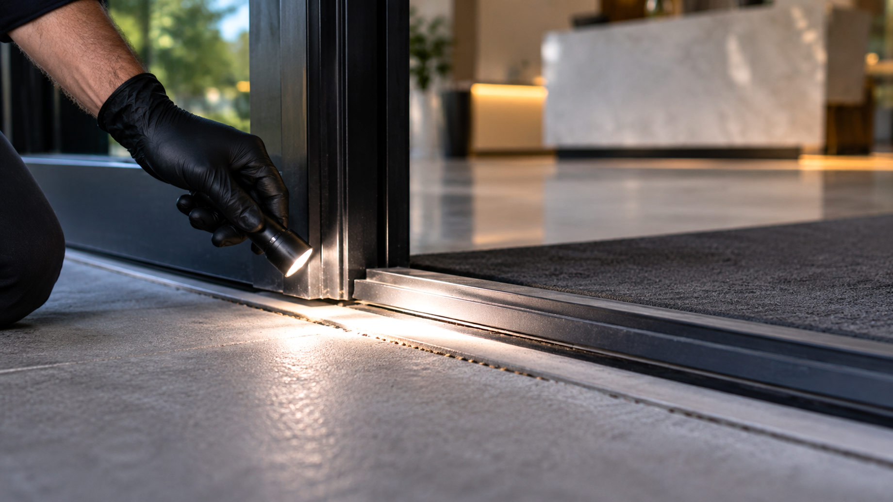 Black-gloved technician directs a flashlight along the threshold of a modern commercial building entrance during a pest inspection.
