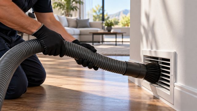 HVAC technician using a flexible vacuum hose and brush attachment to clean a wall air vent inside a bright contemporary home.