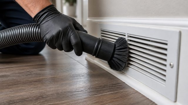 Black-gloved technician uses a vacuum brush to remove dust from a low wall air vent in a modern Houston home.