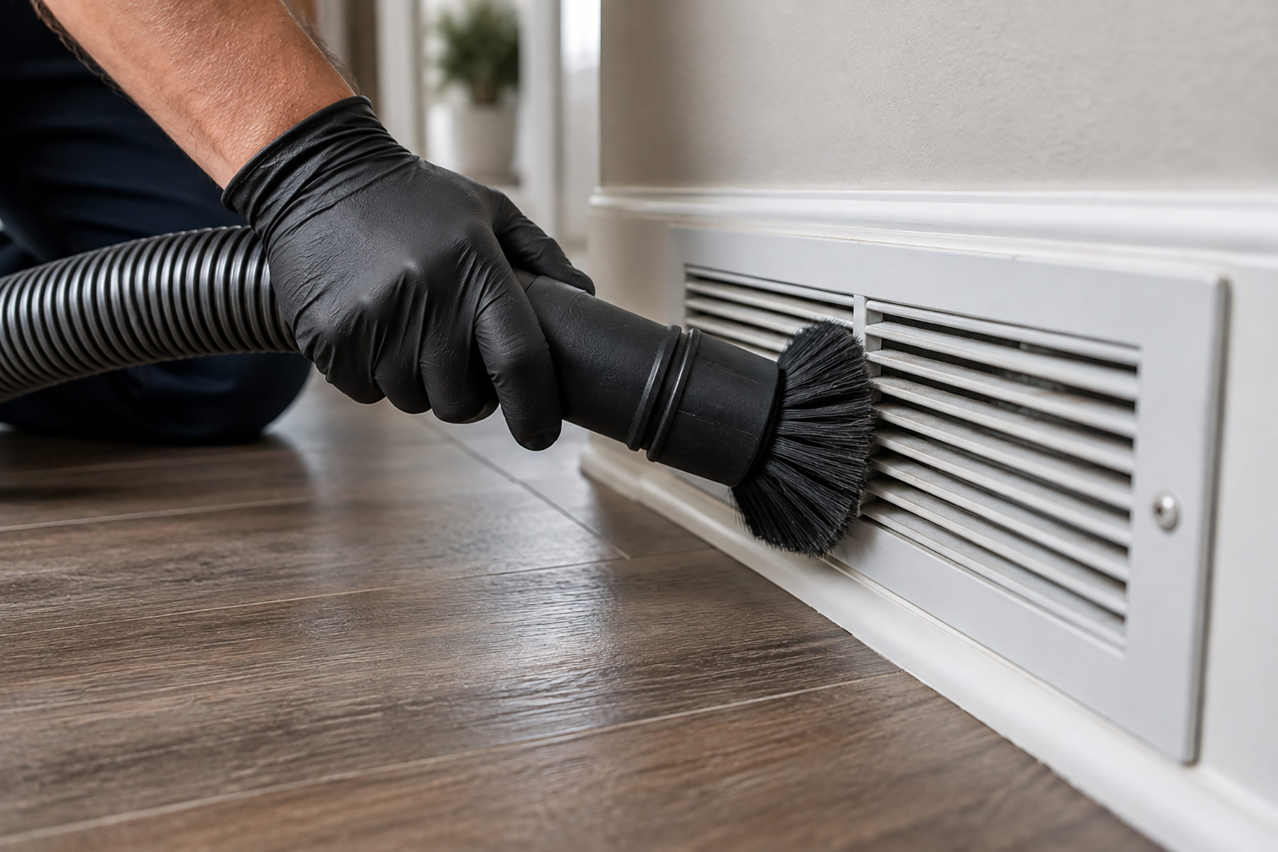Black-gloved technician uses a vacuum brush to remove dust from a low wall air vent in a modern Houston home.