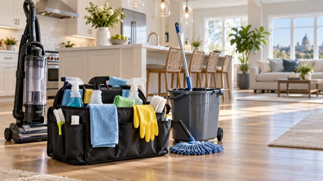 Cleaning tote with spray bottles, microfiber cloths, and gloves beside a vacuum, mop, and bucket in a bright open-plan home.
