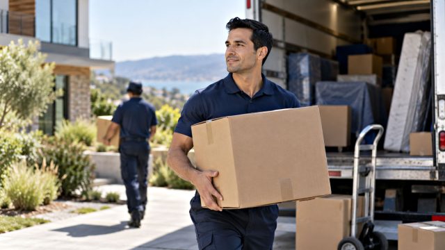 Mover carrying a cardboard box beside an open moving truck, with a second worker and a modern home in the blurred background.