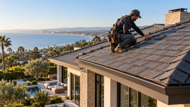 Roofing professional inspects dark roof tiles on a high-end coastal residence overlooking the water and landscaped grounds.