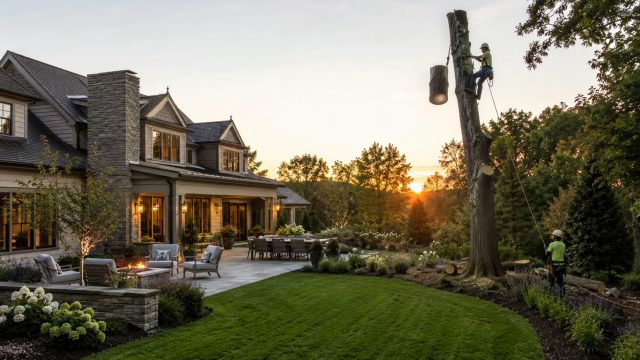 Arborists carefully remove sections of a mature tree beside a landscaped luxury home with a patio, lawn, and garden beds.