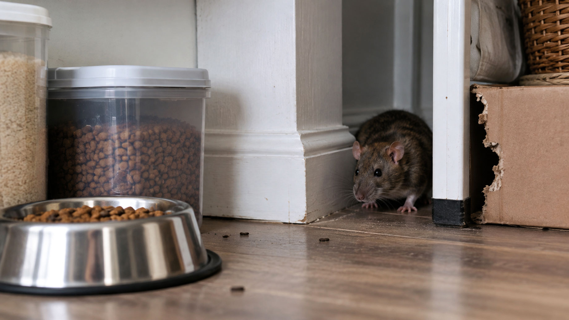 Brown rat beside a gnawed cardboard box, with a bowl of pet food, storage containers, and droppings on the floor.