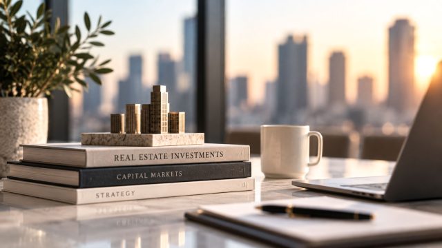 Miniature buildings on stacked investment books beside a laptop and white mug, with a softly blurred city skyline at sunset.
