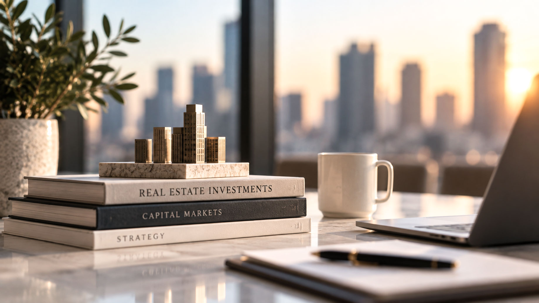 Miniature buildings on stacked investment books beside a laptop and white mug, with a softly blurred city skyline at sunset.