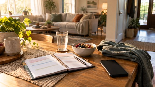 Sunlit home interior with a planner, glass of water, breakfast bowl, mug, phone, and folded blanket on a wooden table.