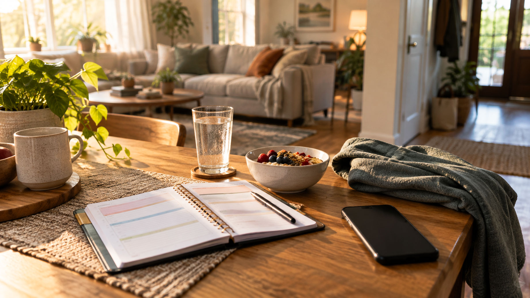 Sunlit home interior with a planner, glass of water, breakfast bowl, mug, phone, and folded blanket on a wooden table.
