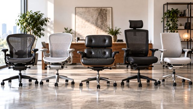Five premium ergonomic office chairs displayed in a modern office, including mesh, upholstered, and leather seating designs.