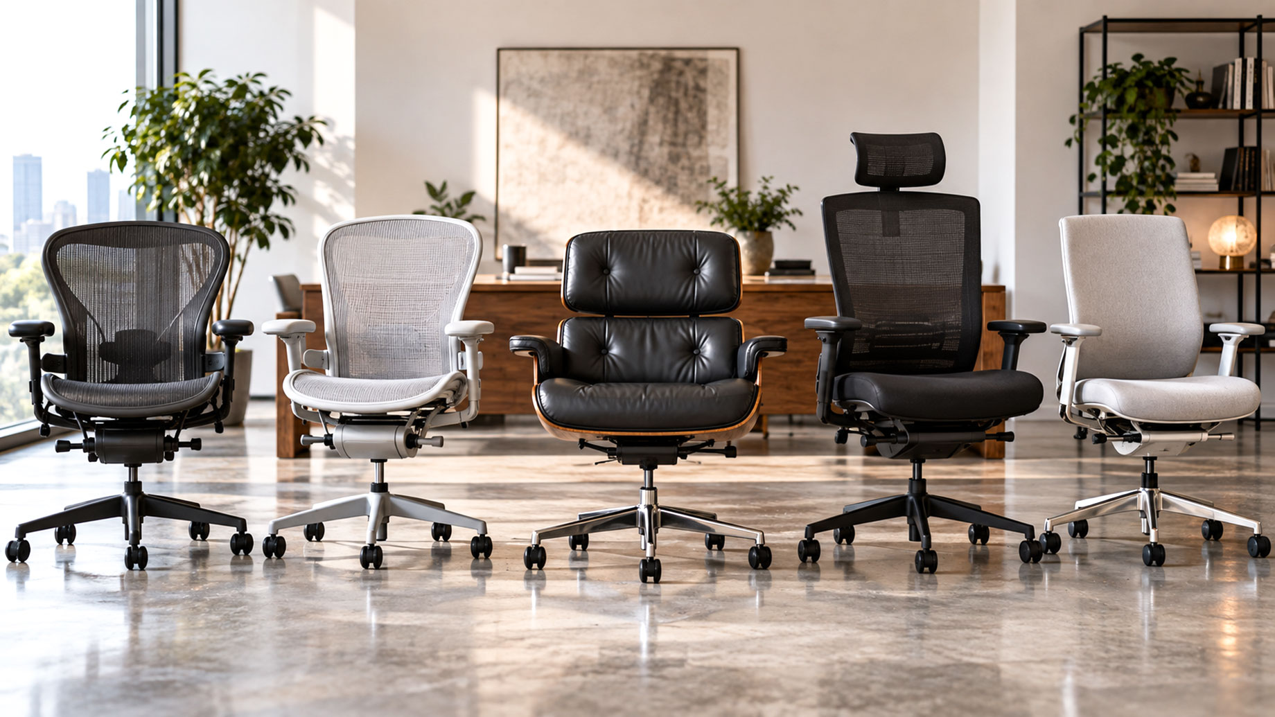 Five premium ergonomic office chairs displayed in a modern office, including mesh, upholstered, and leather seating designs.
