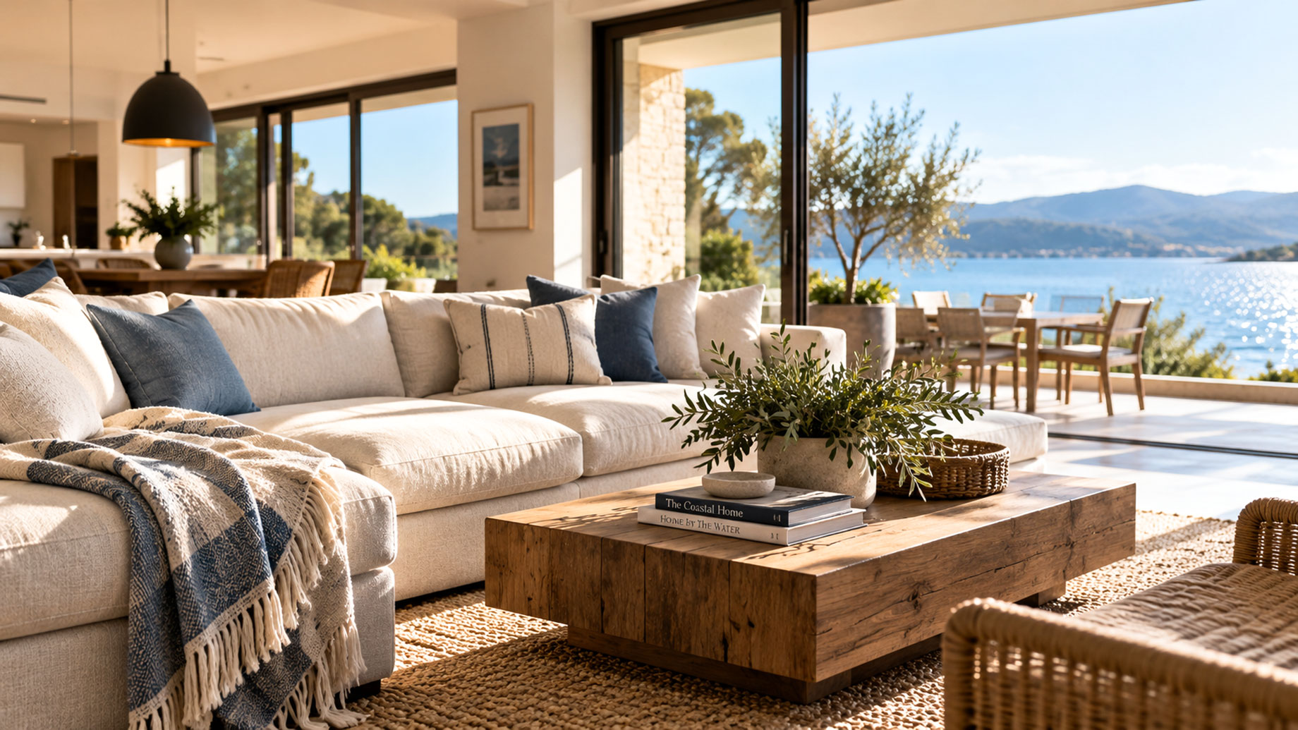Cream sectional and wooden coffee table in a sunlit vacation home, with glass doors opening to a waterfront dining terrace.