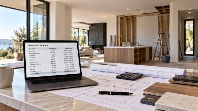 Renovation estimate displayed beside architectural plans, a calculator, and material samples inside a high-end home undergoing construction.