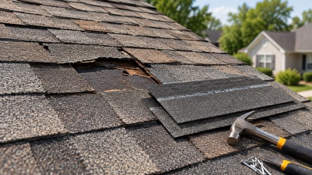 Weathered asphalt roof with damaged and missing shingles, exposed underlayment, replacement shingles, roofing nails, and repair tools.