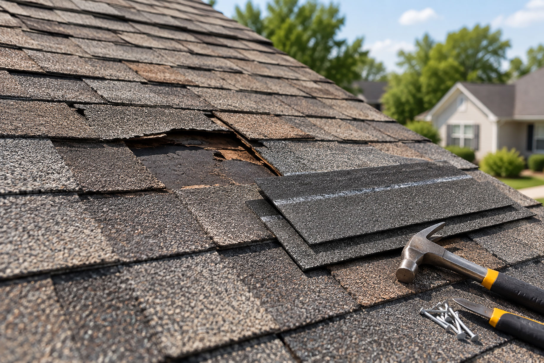 Weathered asphalt roof with damaged and missing shingles, exposed underlayment, replacement shingles, roofing nails, and repair tools.