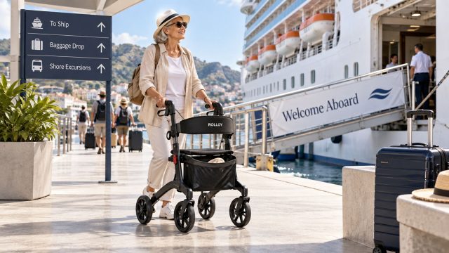 Older woman using a four-wheel rollator beside a docked cruise ship, with a boarding gangway and luggage nearby.