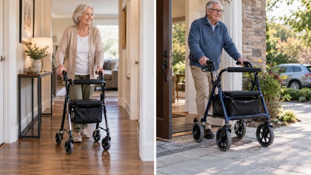 An older woman uses a smaller-wheeled rollator on a wooden floor, while an older man uses a larger-wheeled rollator outside a home.