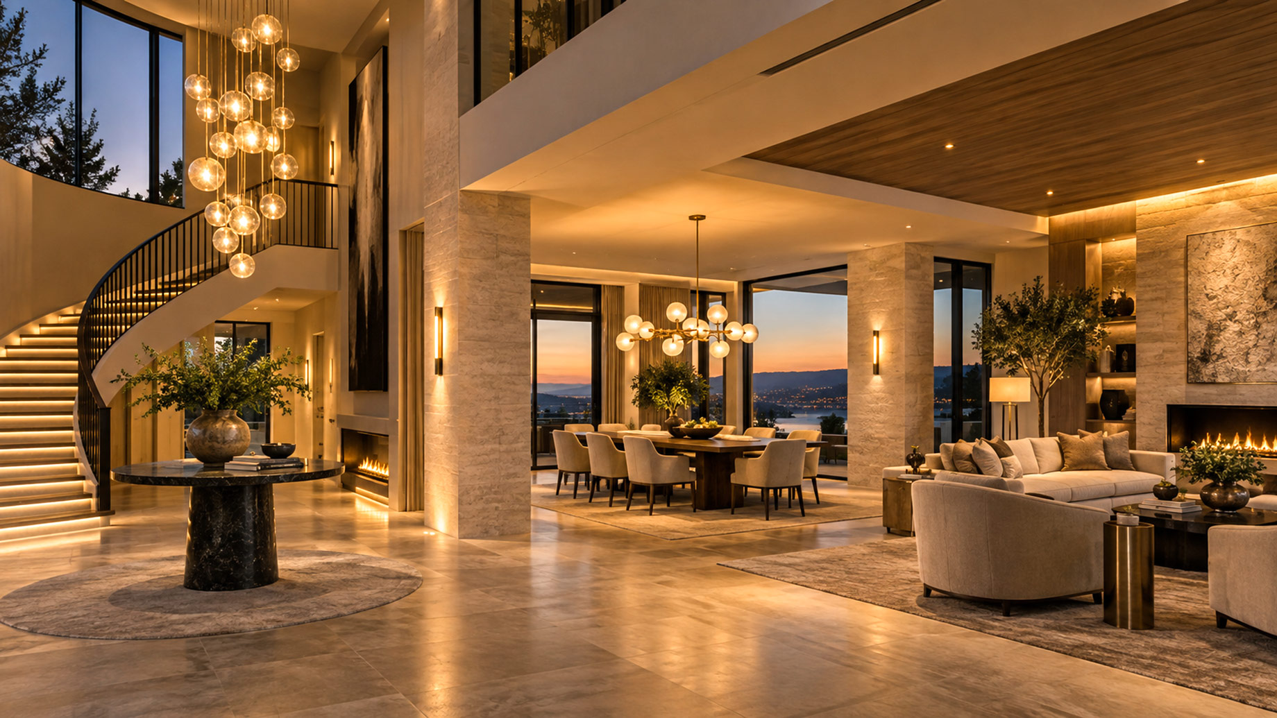 Luxury open-plan home at dusk with a cascading foyer chandelier, sculptural dining fixture, curved staircase, and layered living room lighting.
