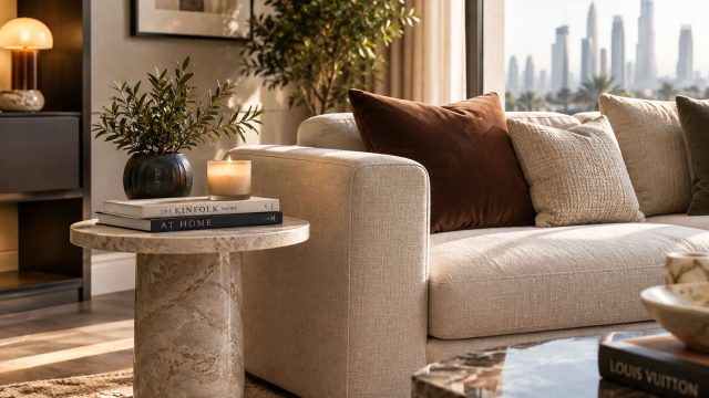 Round marble pedestal table holding books, a vase, and a candle beside a cream sofa with rust and neutral cushions.
