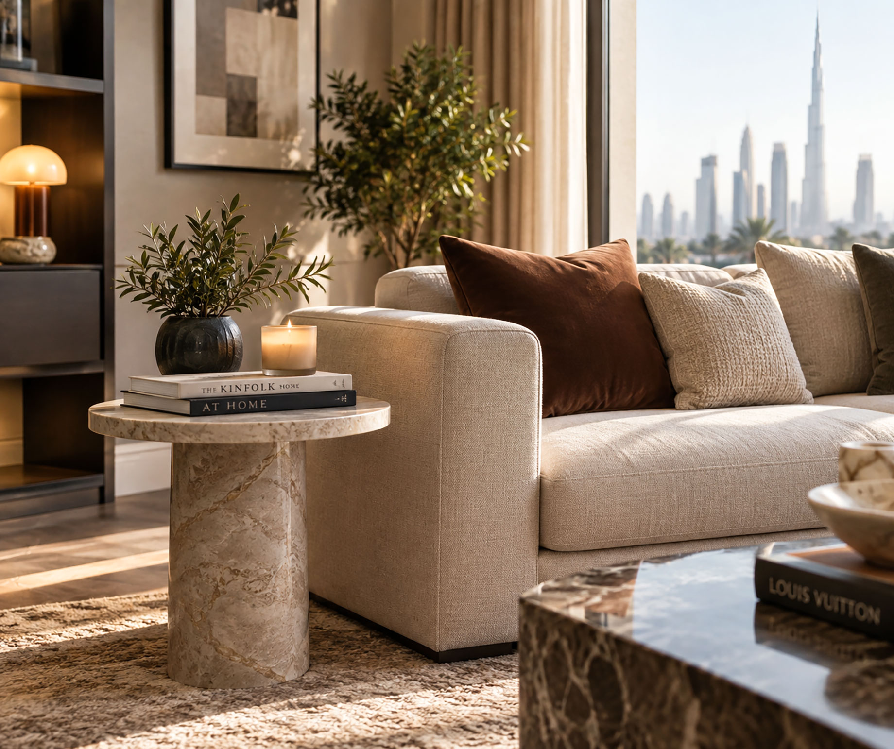 Round marble pedestal table holding books, a vase, and a candle beside a cream sofa with rust and neutral cushions.