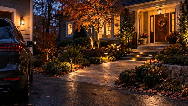 Illuminated walkway leading from a parked car to a front entrance with visible steps, handrails, path lights, and autumn landscaping.
