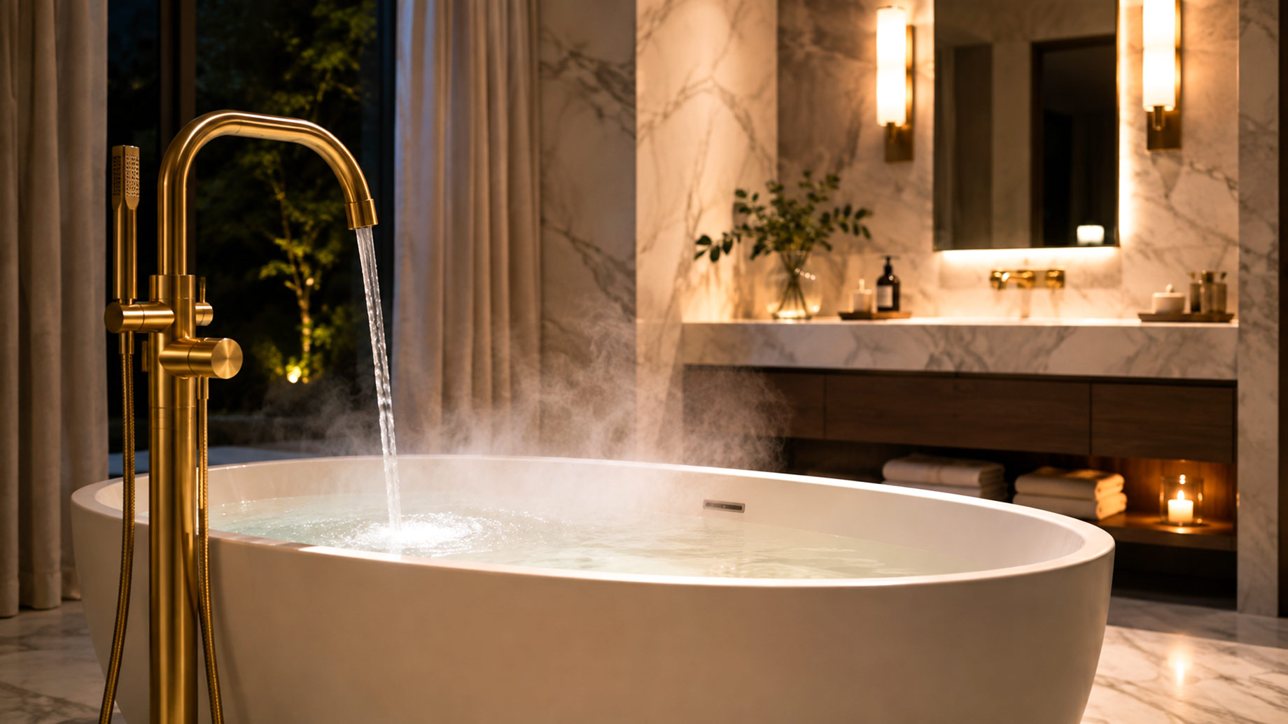 Steaming hot water flowing from a brass tub filler into a freestanding bath in a marble luxury bathroom.