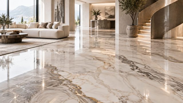 Glossy marble-look epoxy flooring with grey and gold veining throughout a modern luxury living room with a curved staircase.